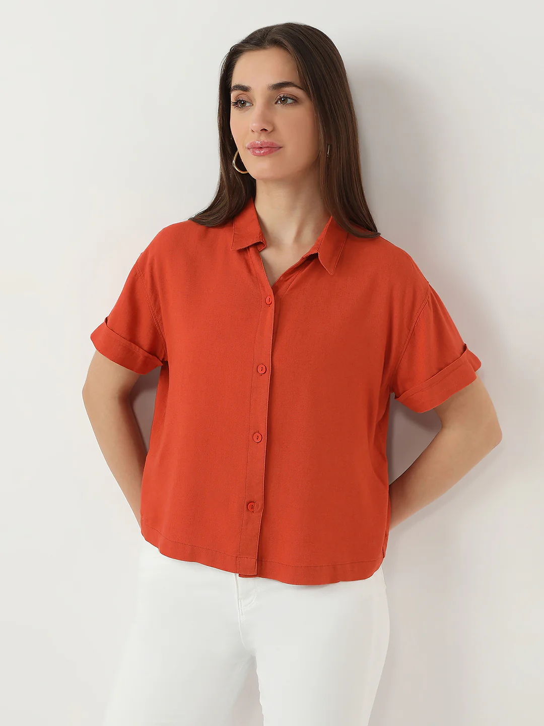 Women Maple Orange Crop Shirt - Image 2