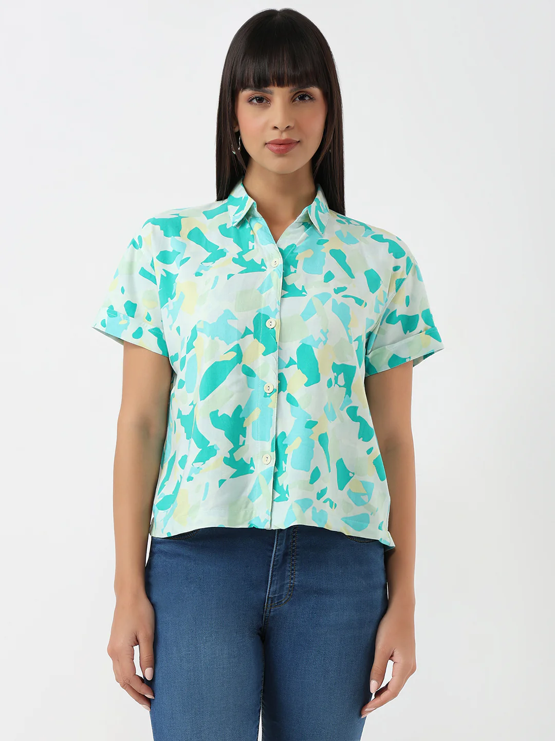 Women Marble Print Crop Shirt - Image 2