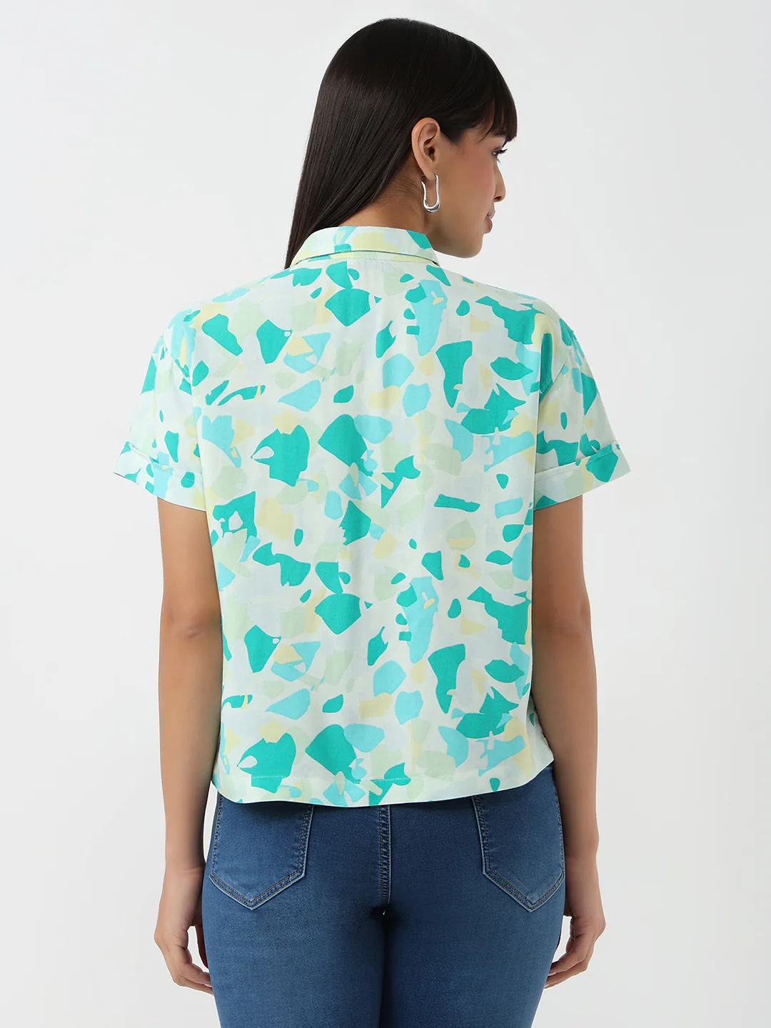 Women Marble Print Crop Shirt - Image 3