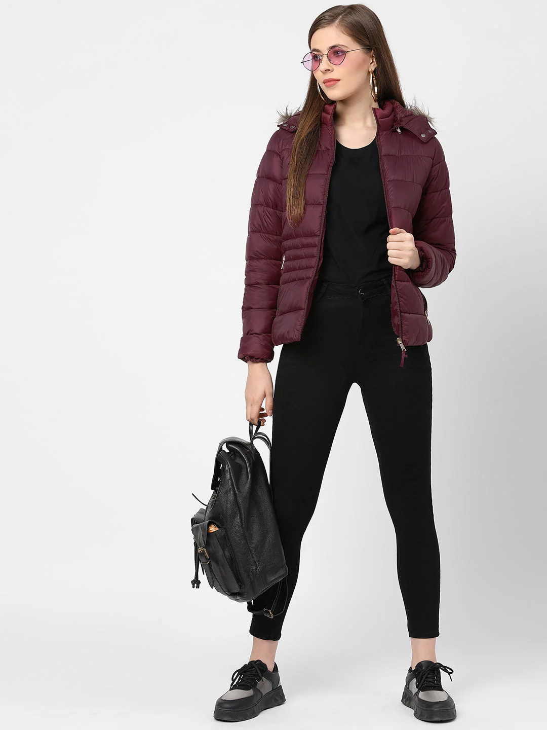 Women Maroon Padded Jacket With Faux-Fur Lined Hood - Image 2