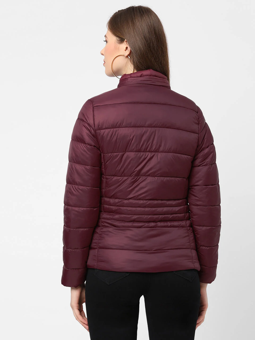 Women Maroon Padded Jacket With Faux-Fur Lined Hood - Image 3
