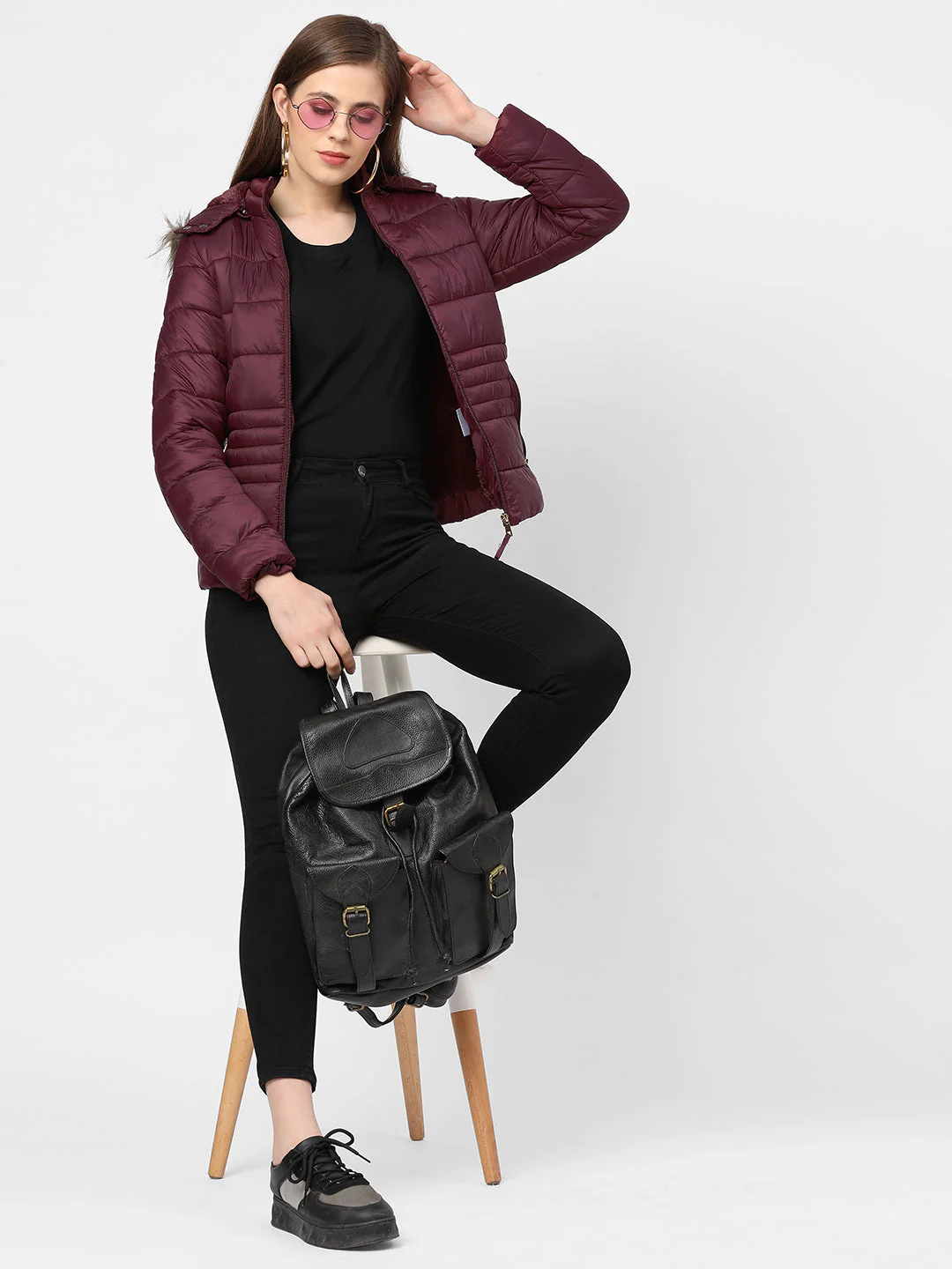 Women Maroon Padded Jacket With Faux-Fur Lined Hood - Image 4