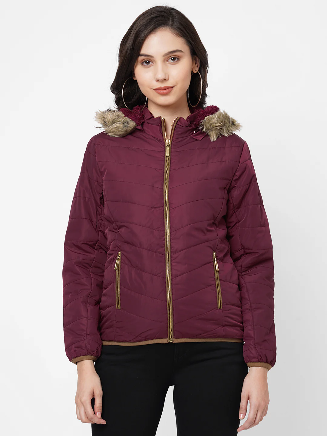 Women Maroon Winter Jacket - Image 2