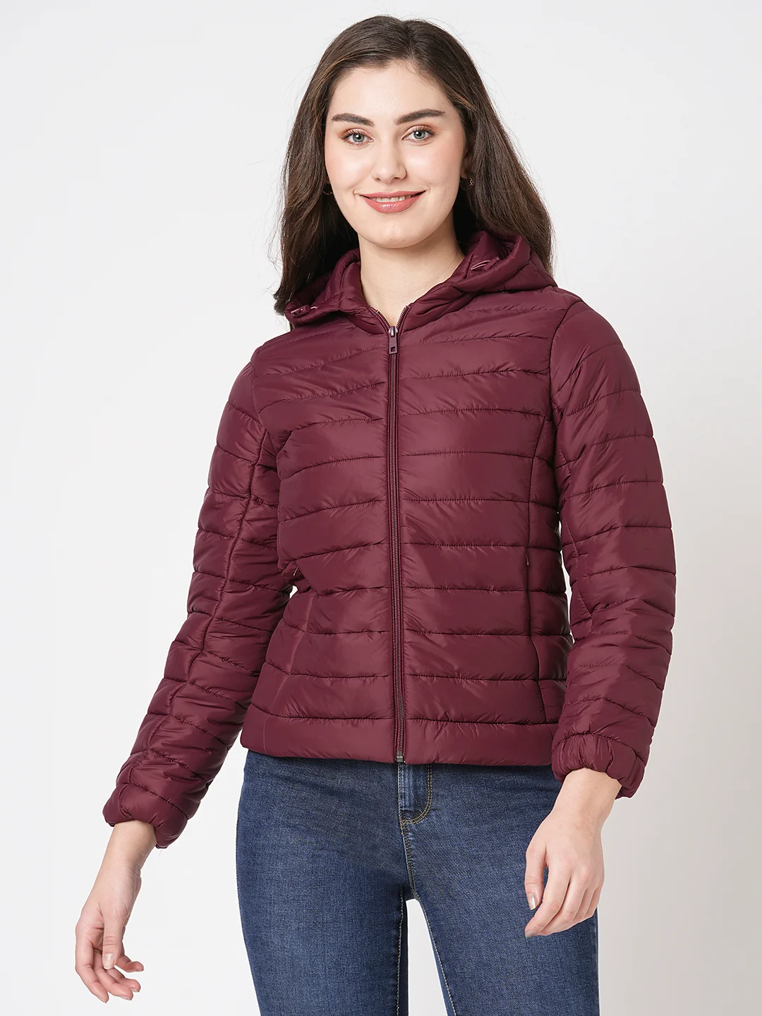 Women Maroon Winter Quilted Jacket - Image 2