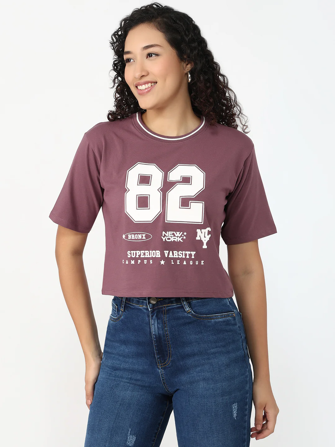 Women Mauve Slim Fit Graphic Crop T-Shirt - Image 2