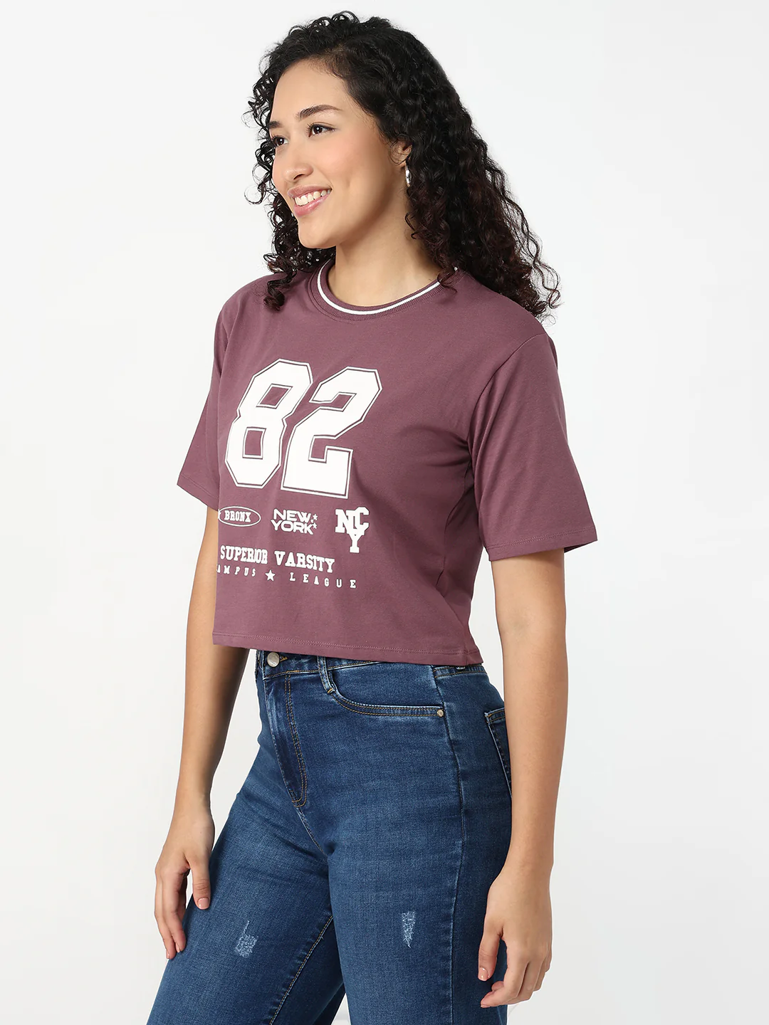 Women Mauve Slim Fit Graphic Crop T-Shirt - Image 5