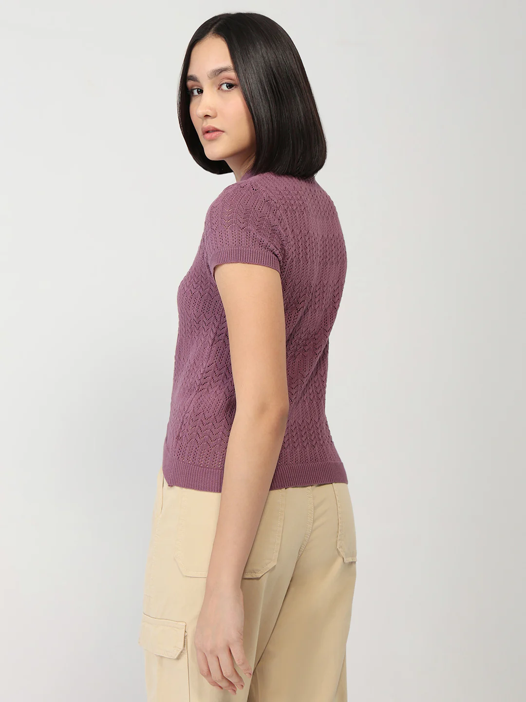 Women Mauve Slim Flat Knit Top - Image 3