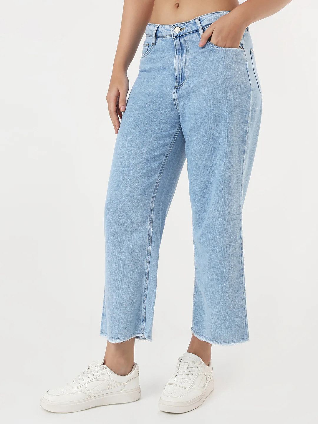 Women Medium Blue Crop Wide Leg Jeans - Image 4