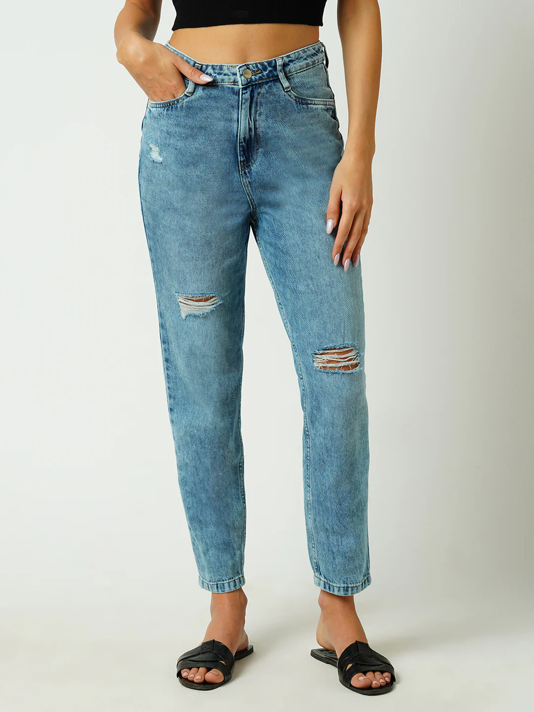 Women Mid Blue High-Rise Mom Fit Ripped Jeans - Image 2