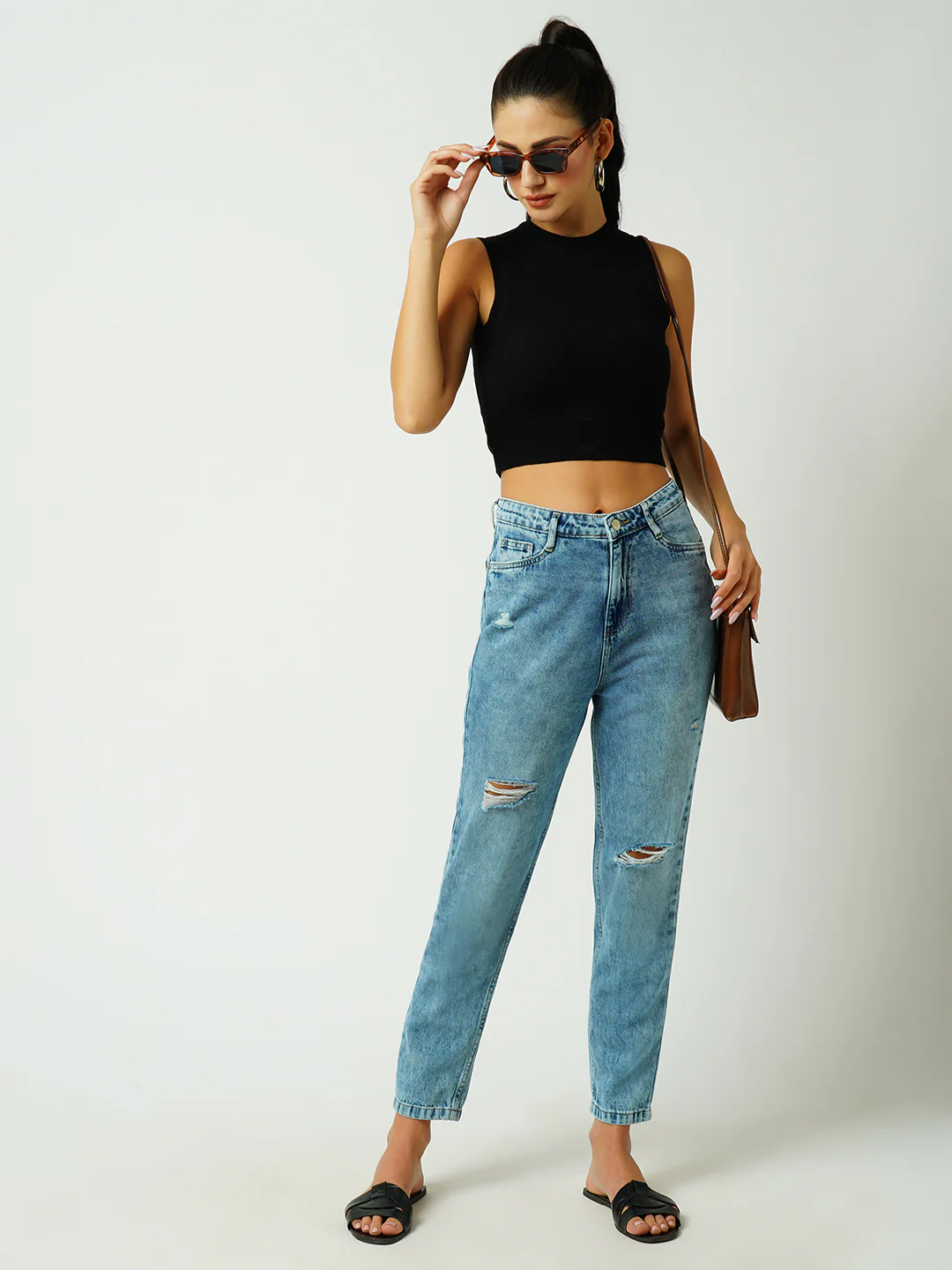 Women Mid Blue High-Rise Mom Fit Ripped Jeans - Image 4