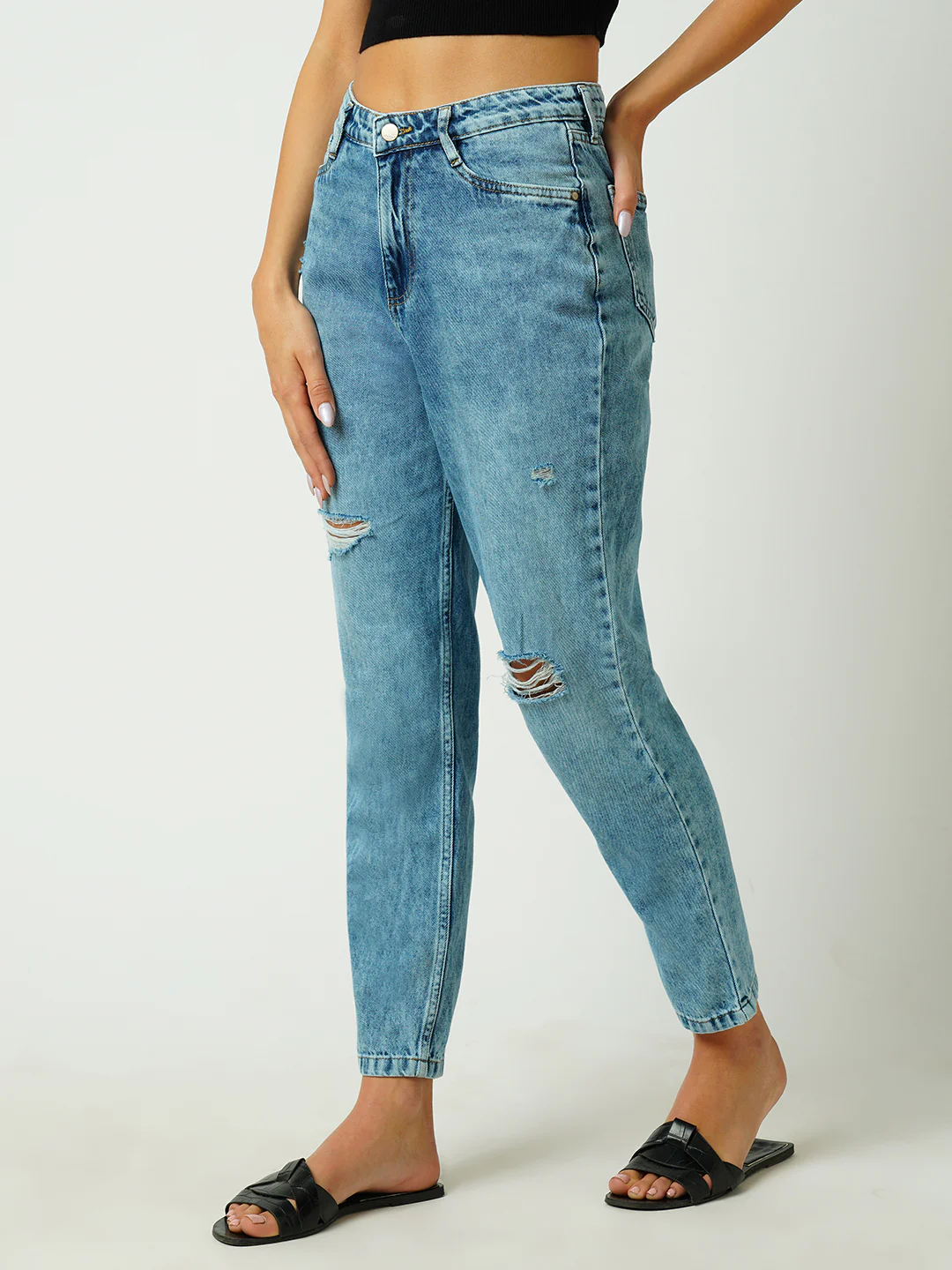 Women Mid Blue High-Rise Mom Fit Ripped Jeans - Image 5