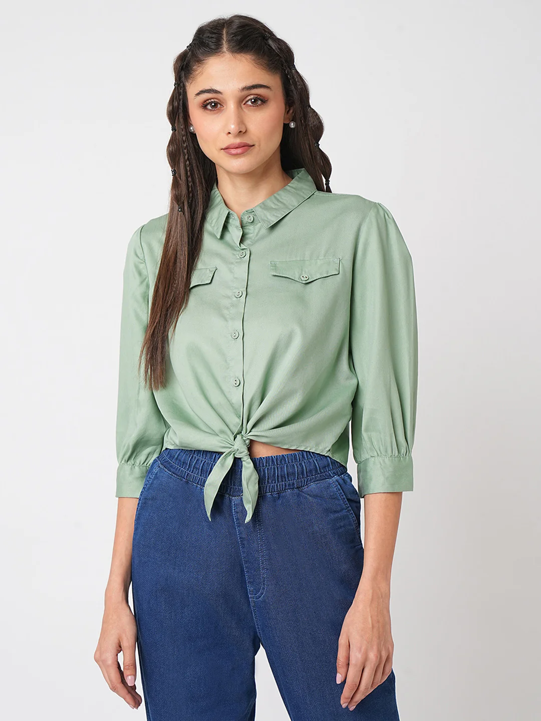 Women Mint Crop Shirt - Image 2
