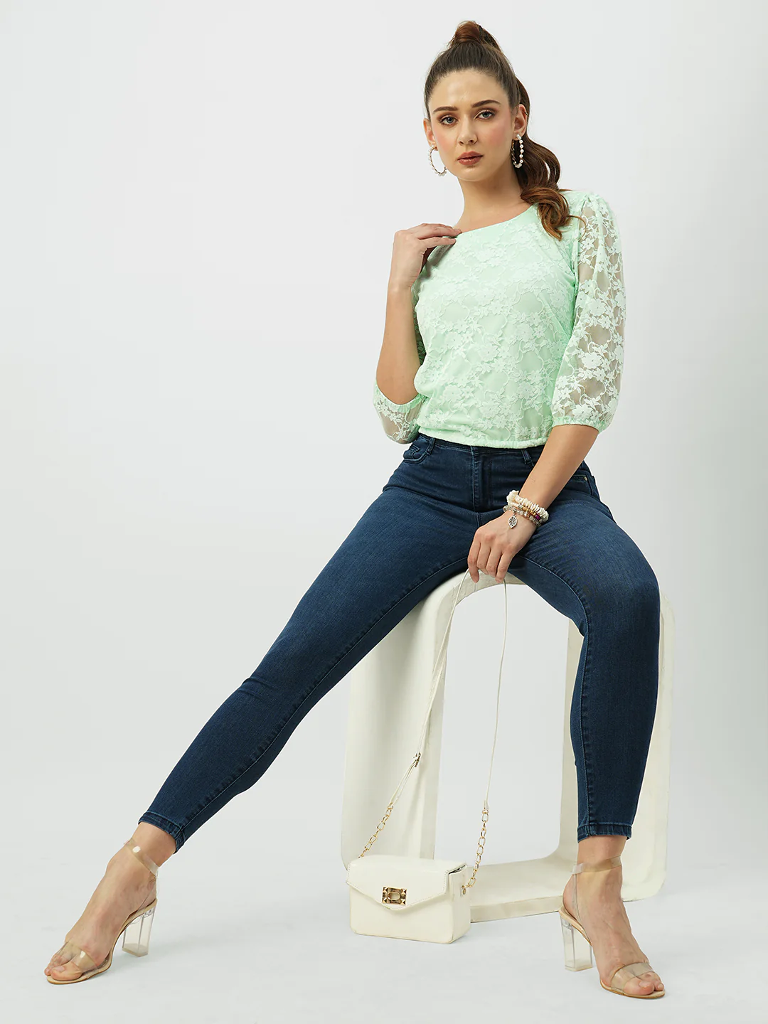 Women Mint Green Lace Top