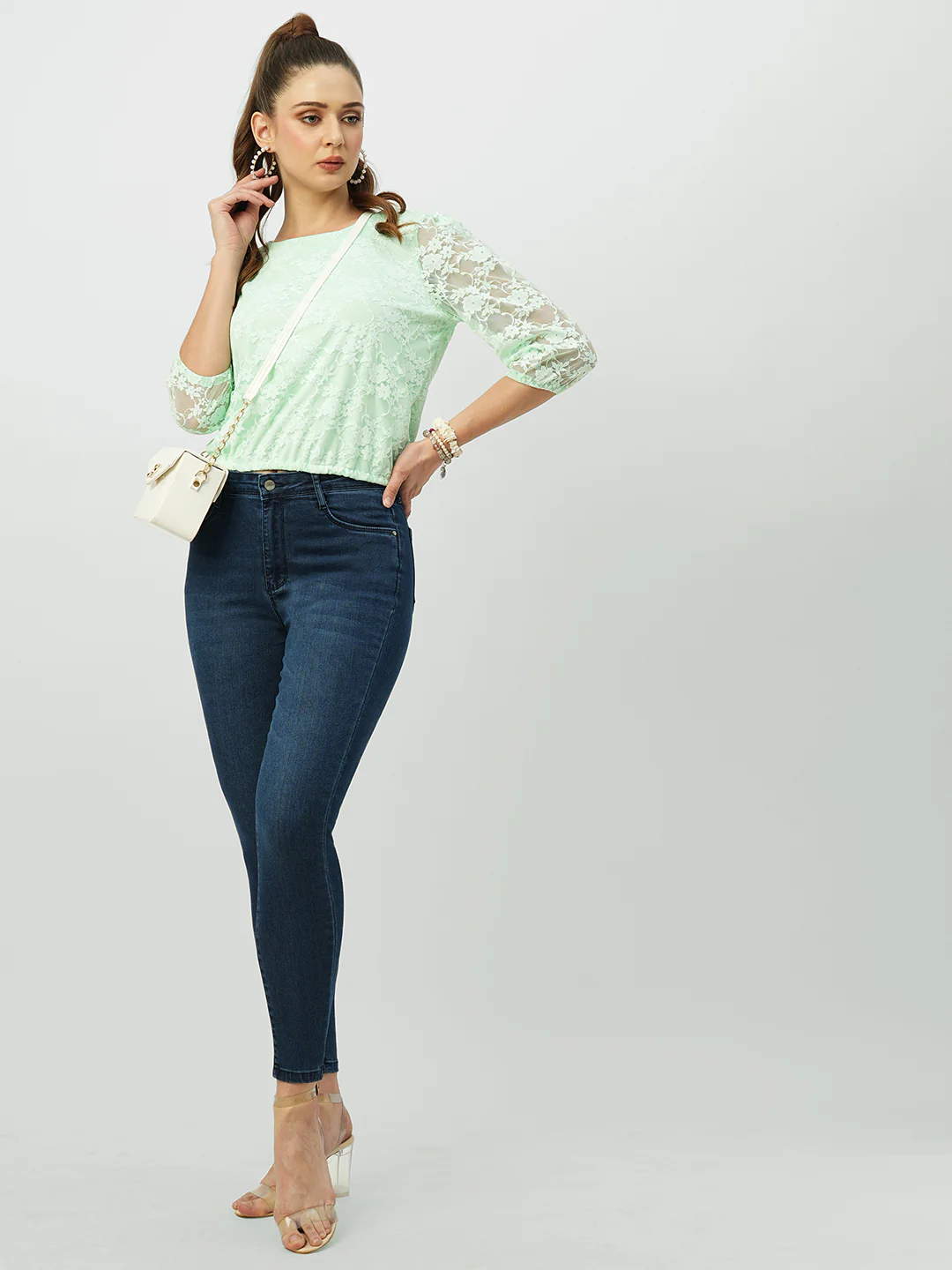 Women Mint Green Lace Top - Image 4
