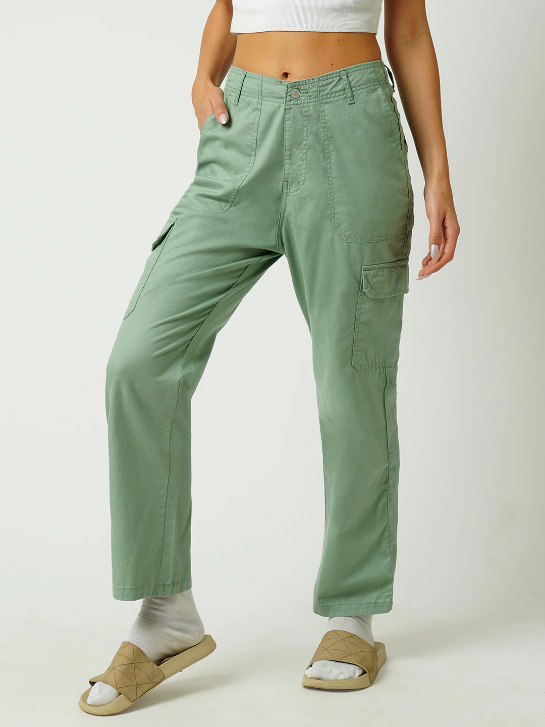 Women Mint Green Mid-Rise Skinny Cargo - Image 4
