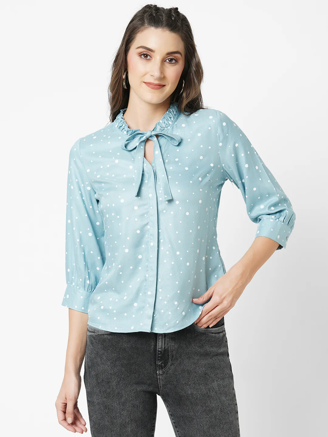 Women Mint Green Polka Dot Shirt Top - Image 2