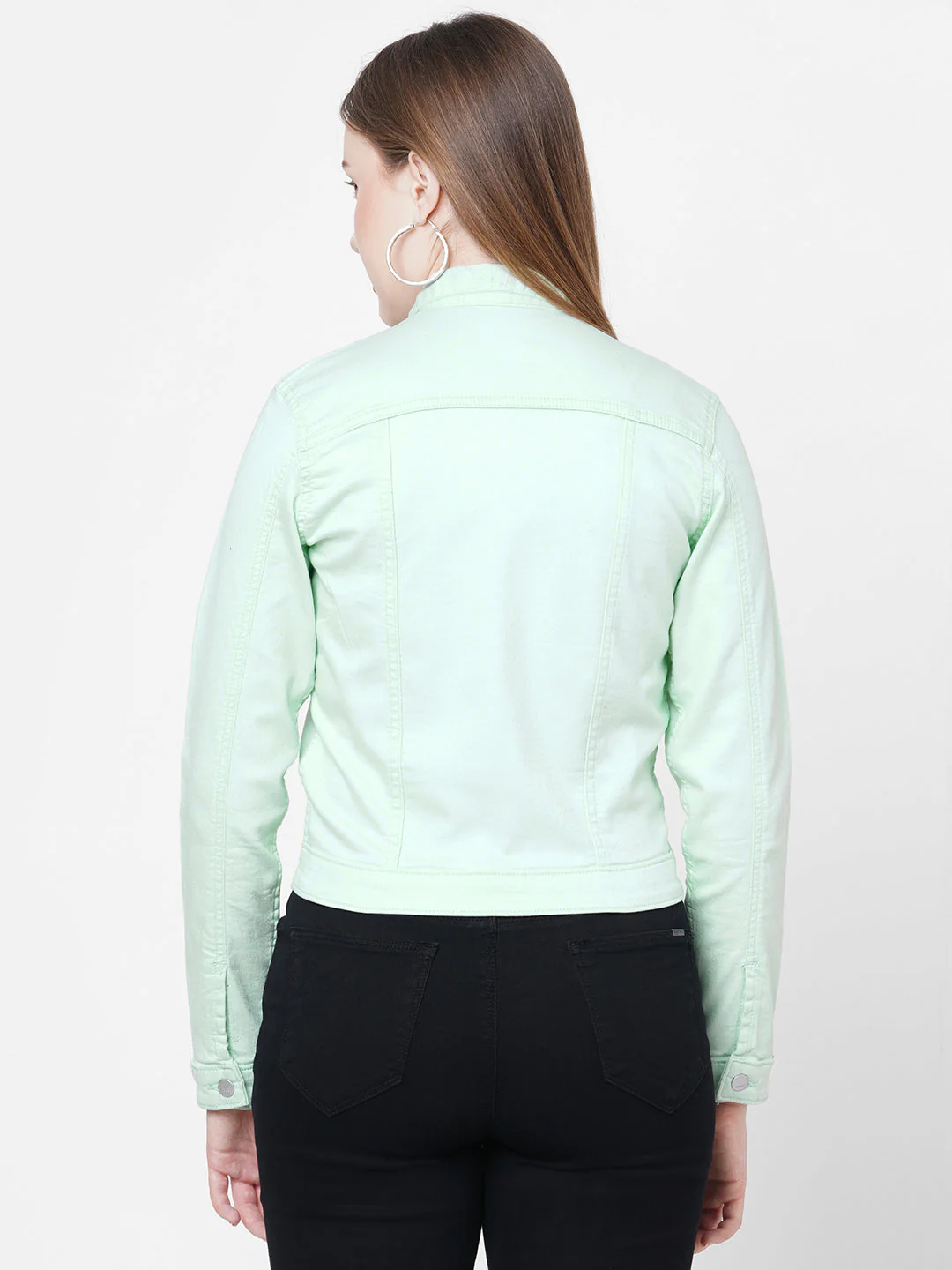 Women Mint Green Solid Crop Jacket - Image 3