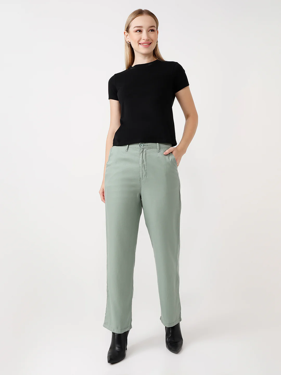 Women Mint Mid-Rise Loose Straight Fit Trouser