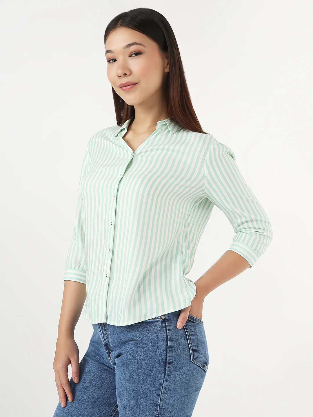 Women Mint & White Slim Stripe Shirt - Image 5