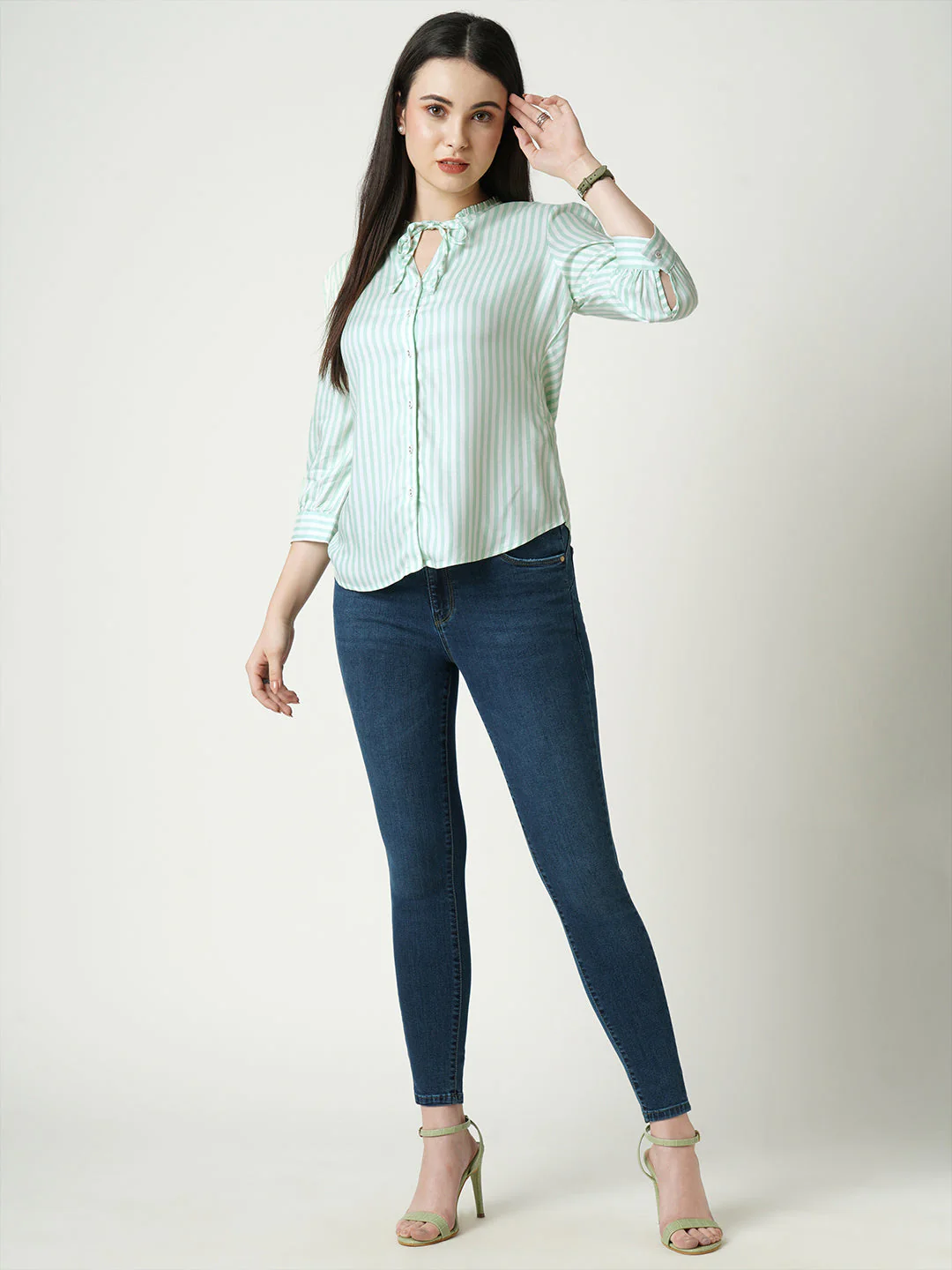 Women Mint & White Striped Slim Shirt - Image 2