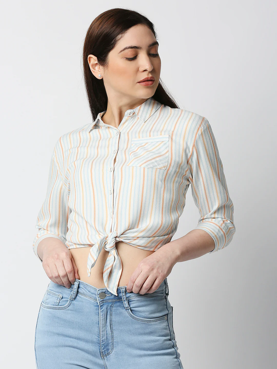 Women Multi Color Tie-Up Crop Shirt - Image 2