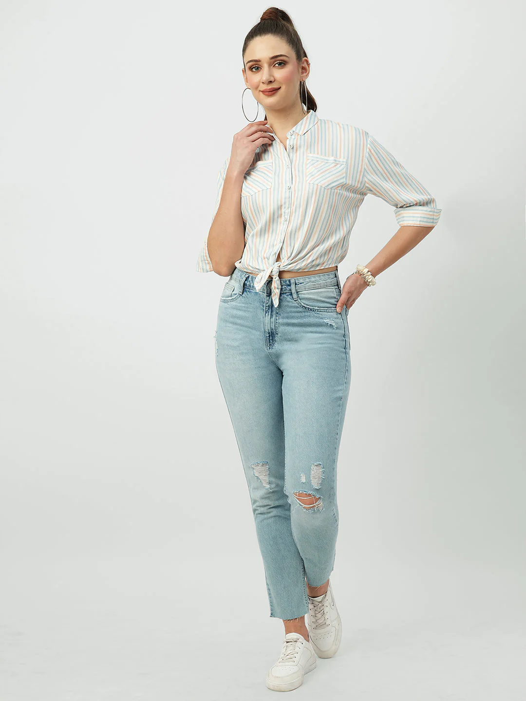 Women Multicolor Striped Crop Shirt - Image 2