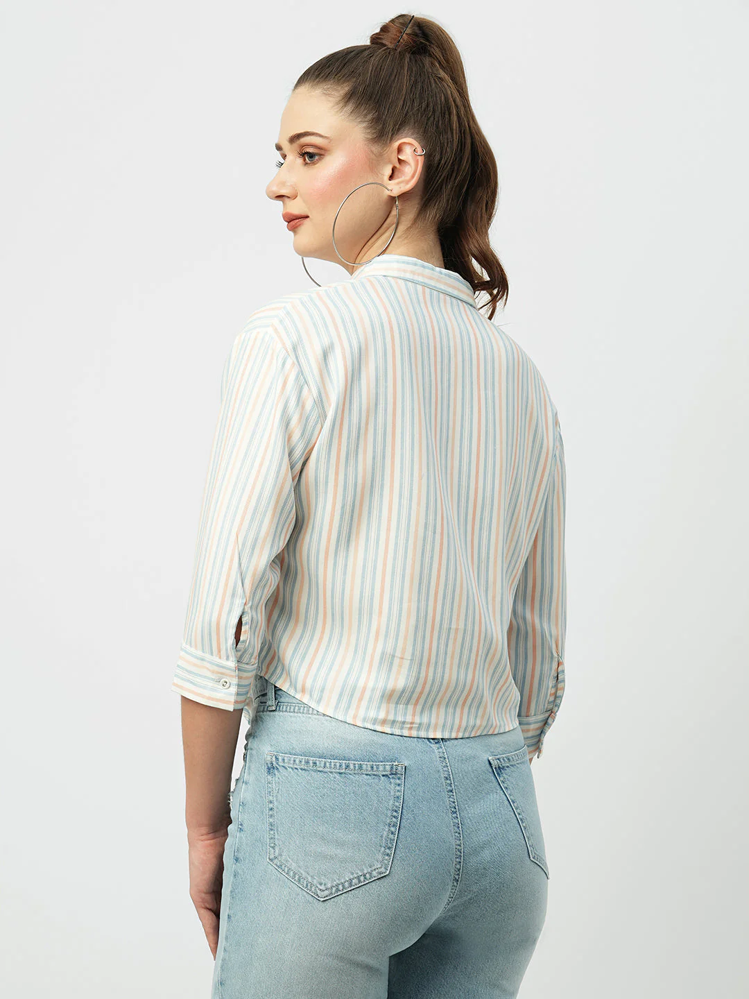 Women Multicolor Striped Crop Shirt - Image 3