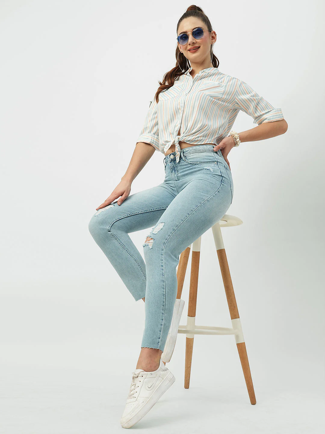 Women Multicolor Striped Crop Shirt - Image 4
