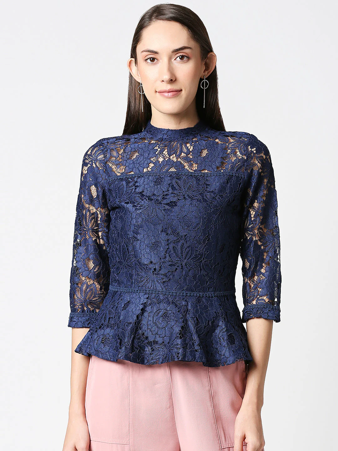 Women Navy Blue Peplum Top - Image 2