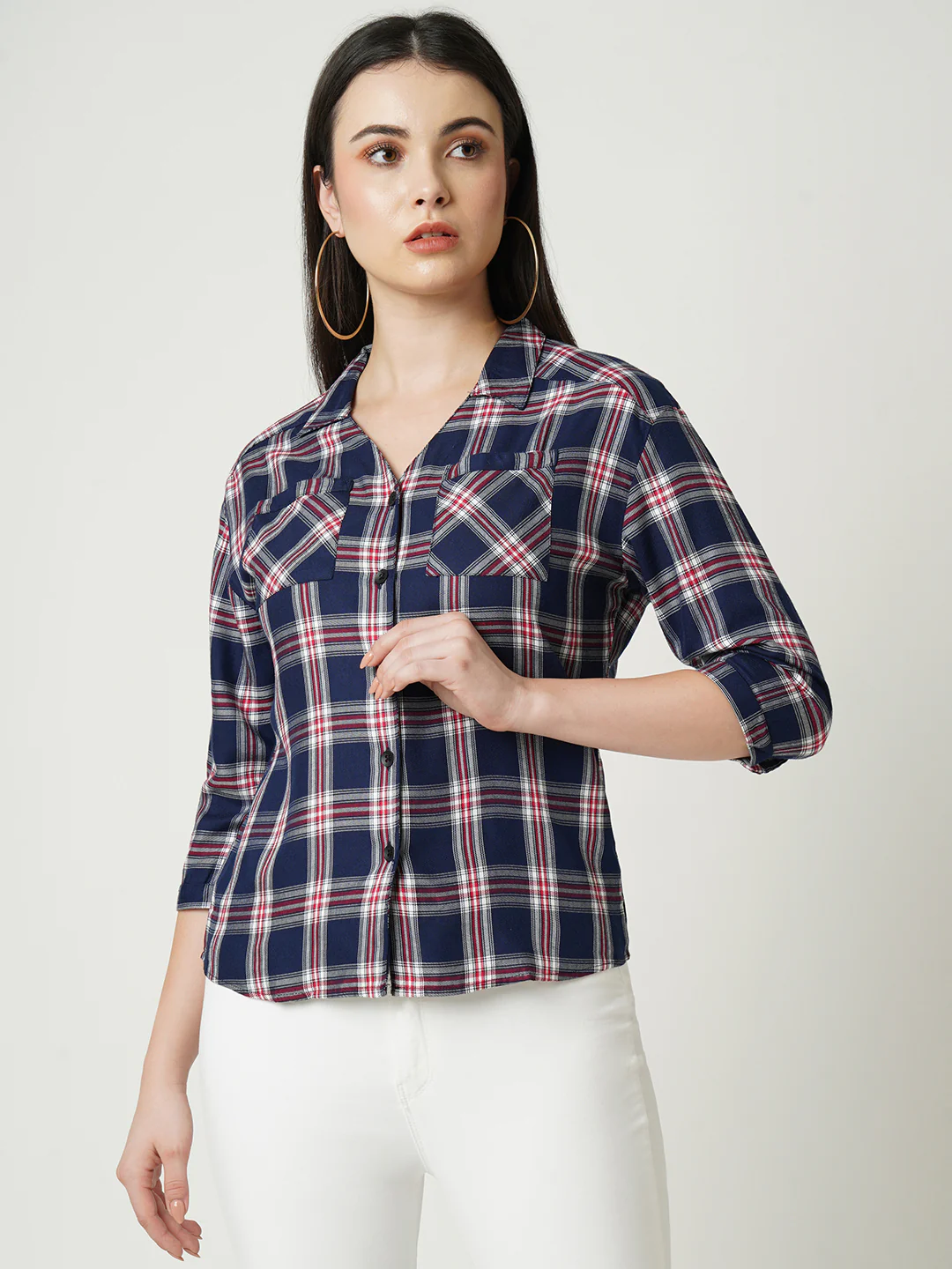 Women Navy Checks Shirt - Image 2