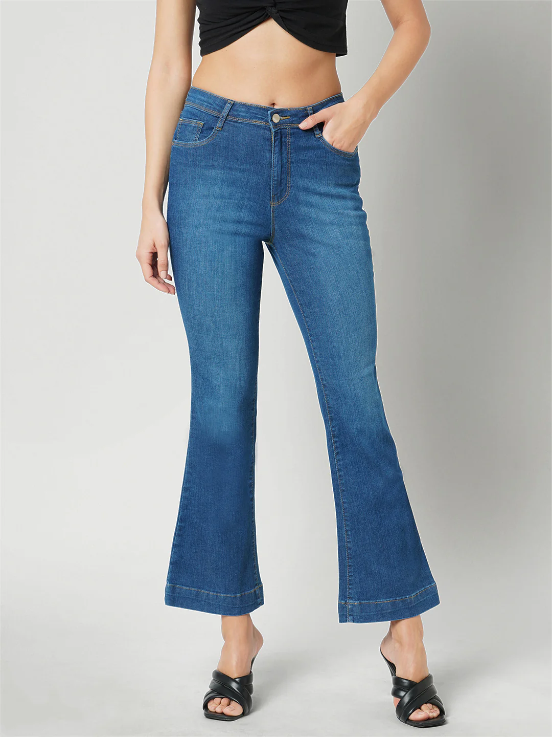 Women Navy High-Rise Mini Flare Jeans - Image 2