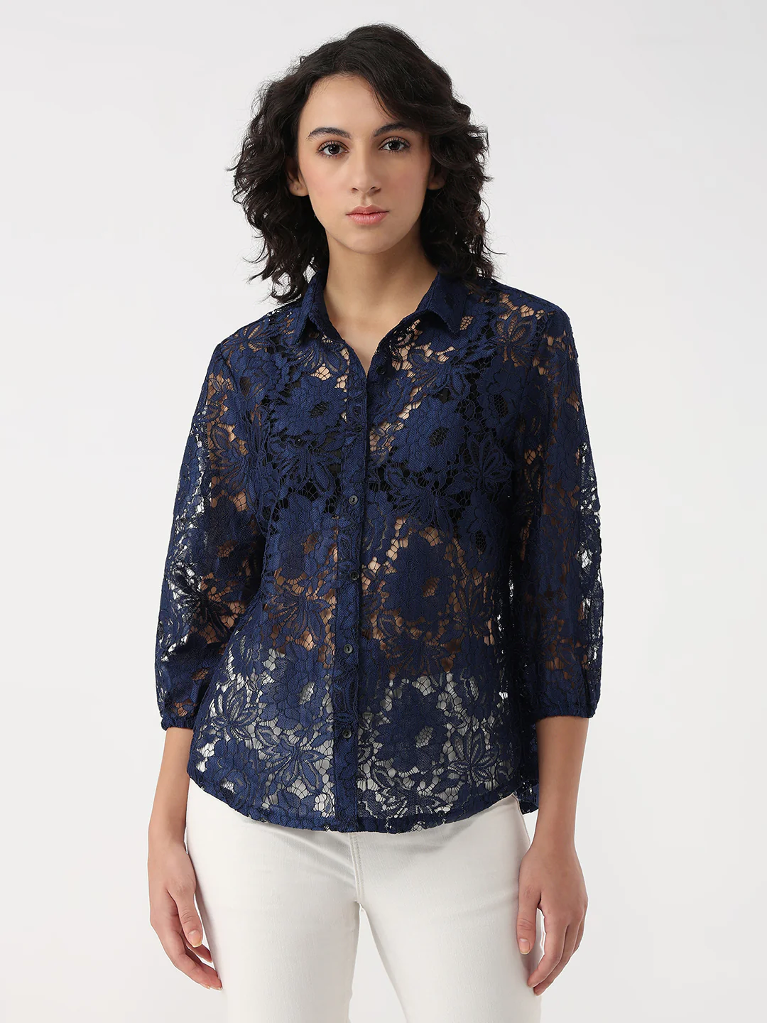 Women Navy Lace Shirt - Image 2
