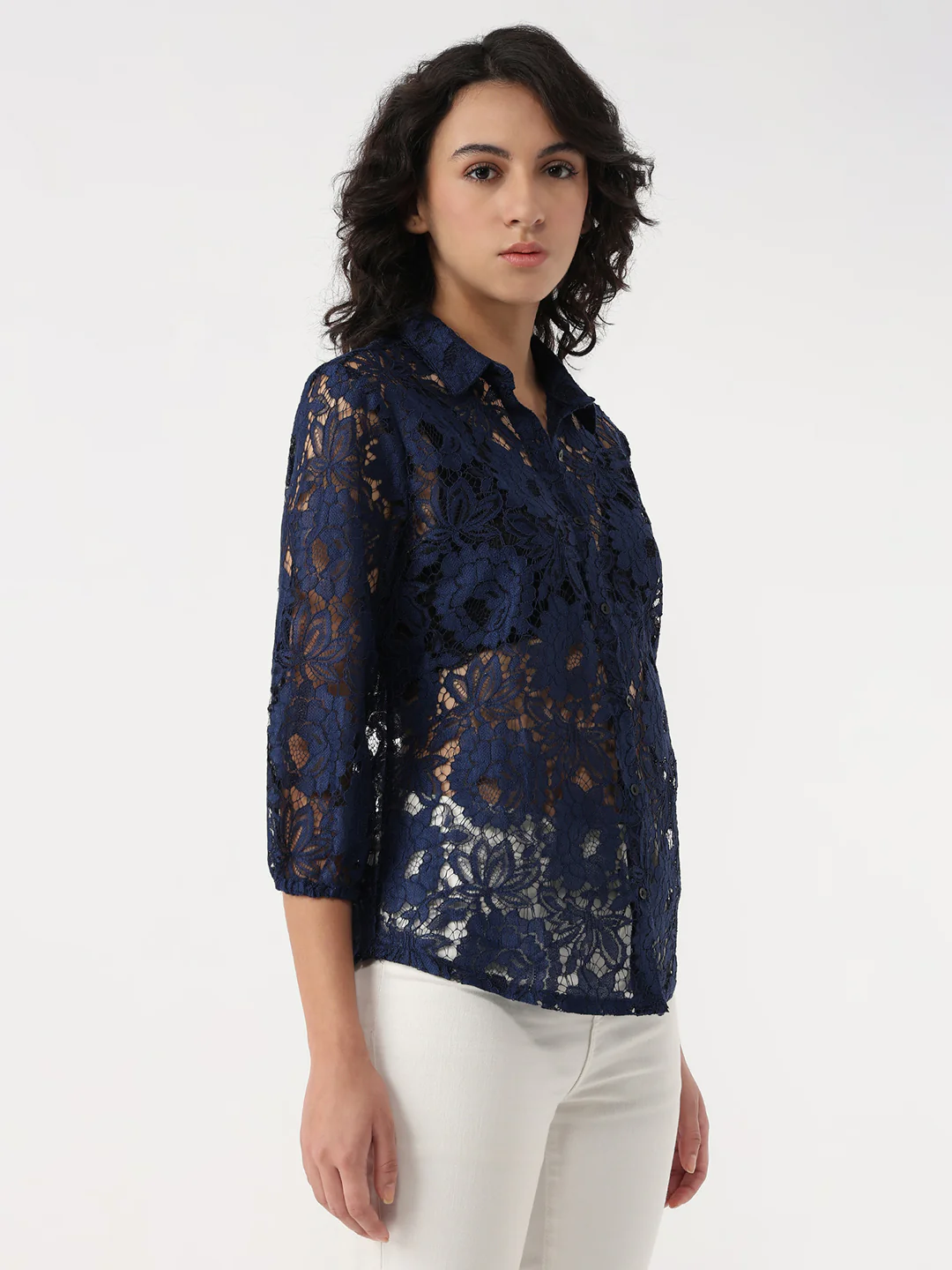 Women Navy Lace Shirt - Image 4