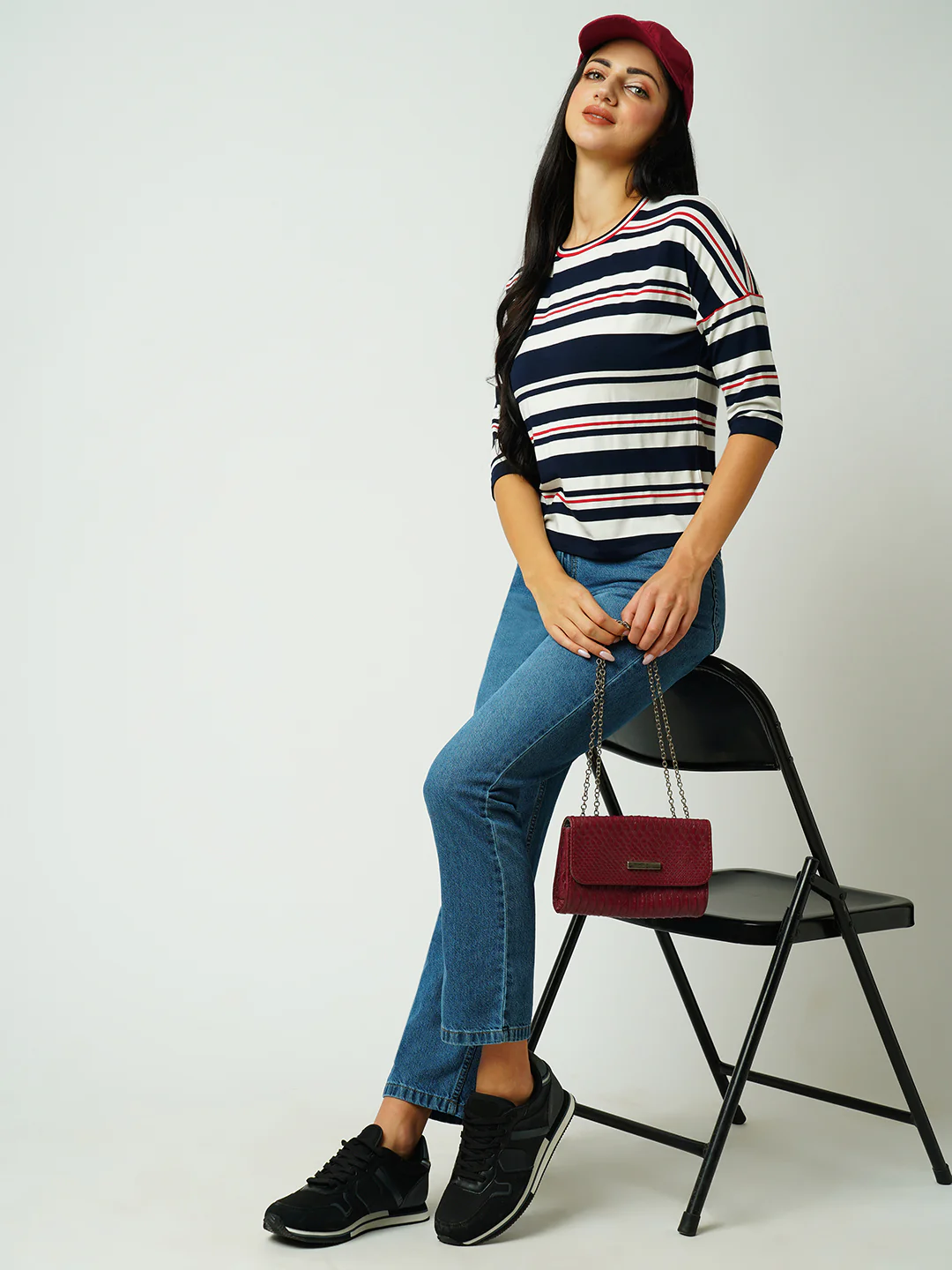 Women Navy/Off White Strip Tshirt