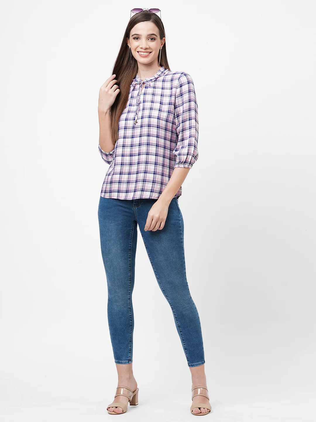 Women Navy/Pink Checks Top