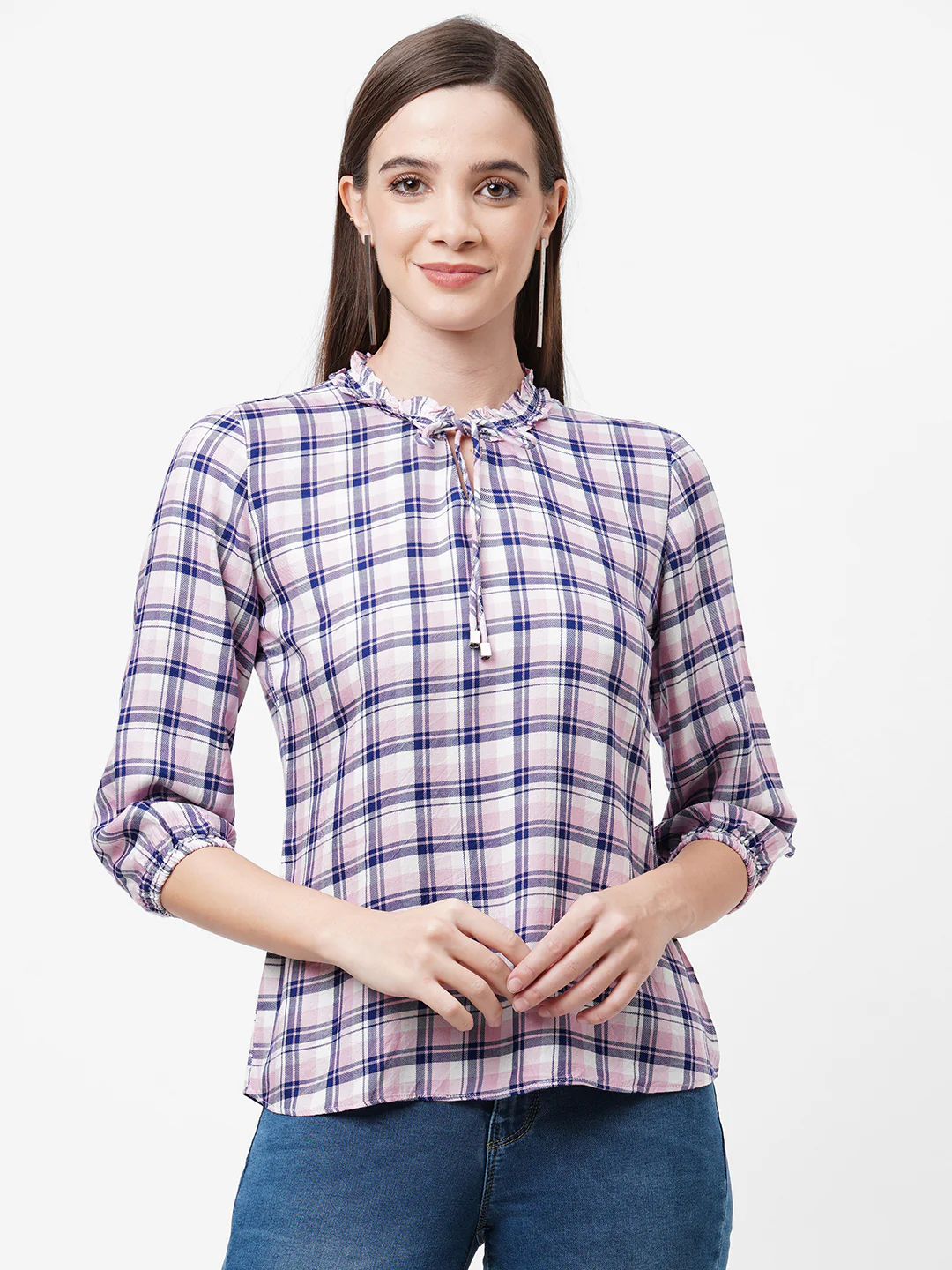 Women Navy/Pink Checks Top - Image 2