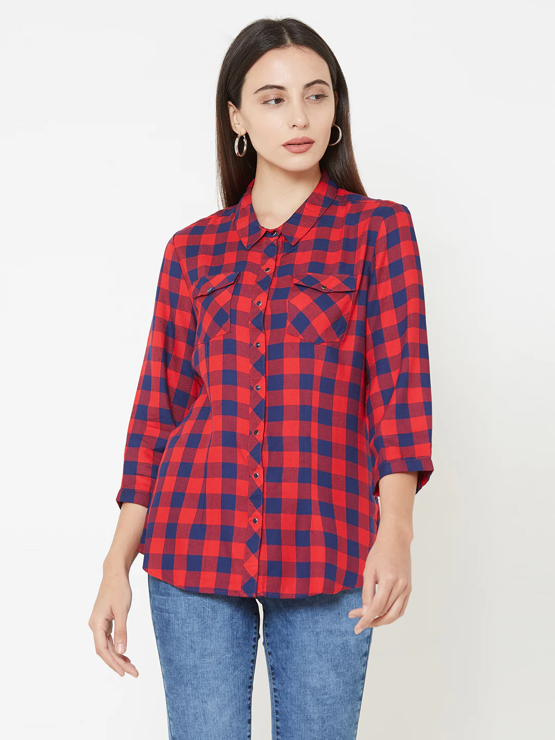 Women Navy-Red Slim Shirt