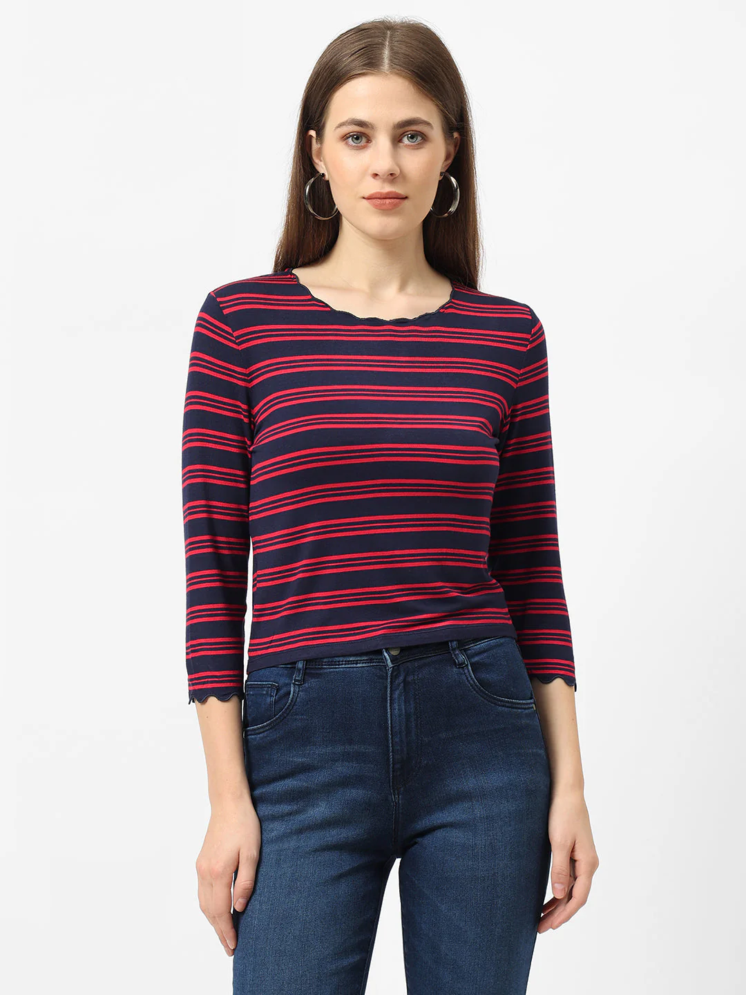 Women Navy/Red Stripe Crop T-Shirt - Image 2