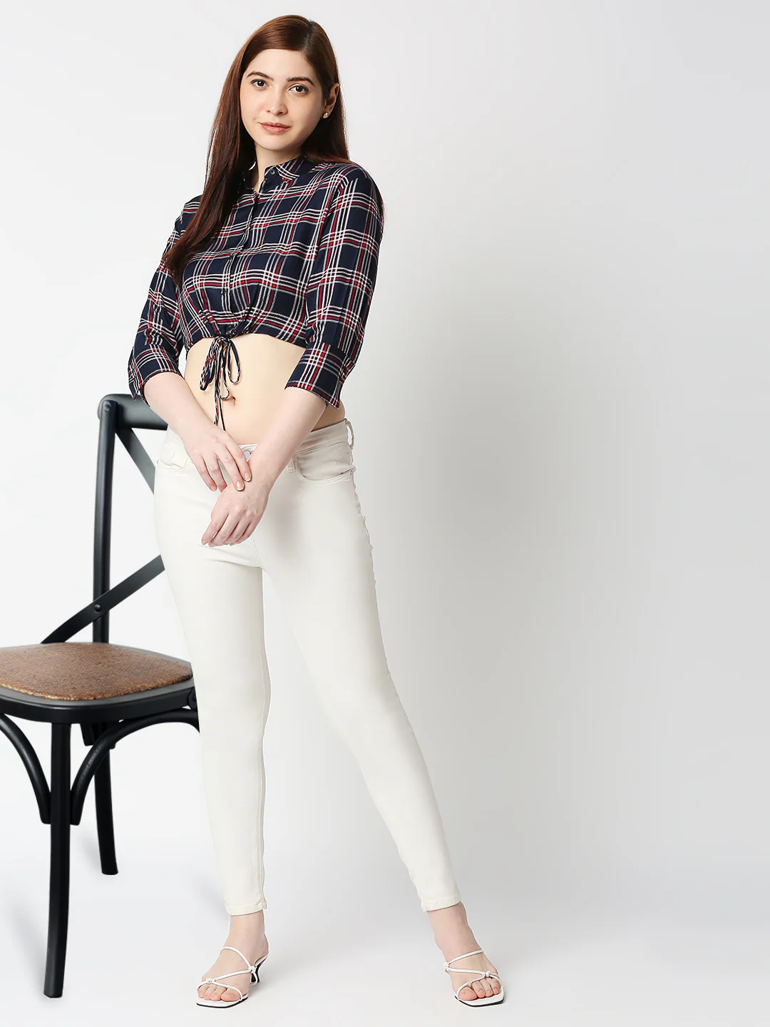 Women Navy Slim Crop Shirt - Image 3