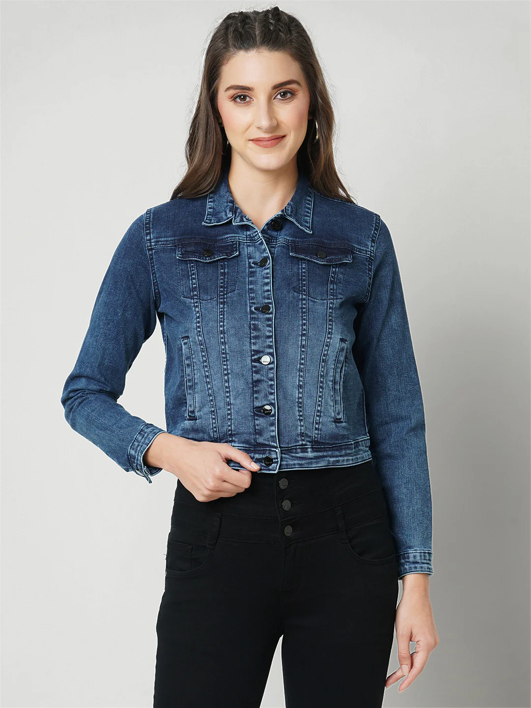 Women Navy Slim Fit Denim Jacket - Image 2