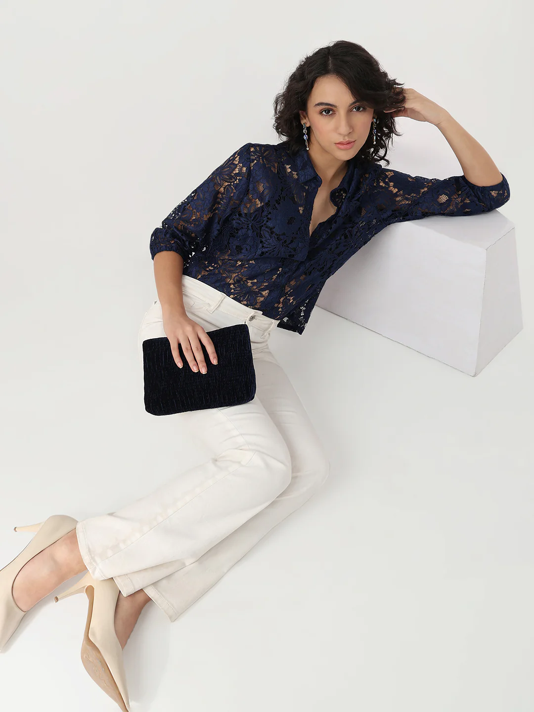 Women Navy Slim Lace Shirt - Image 2