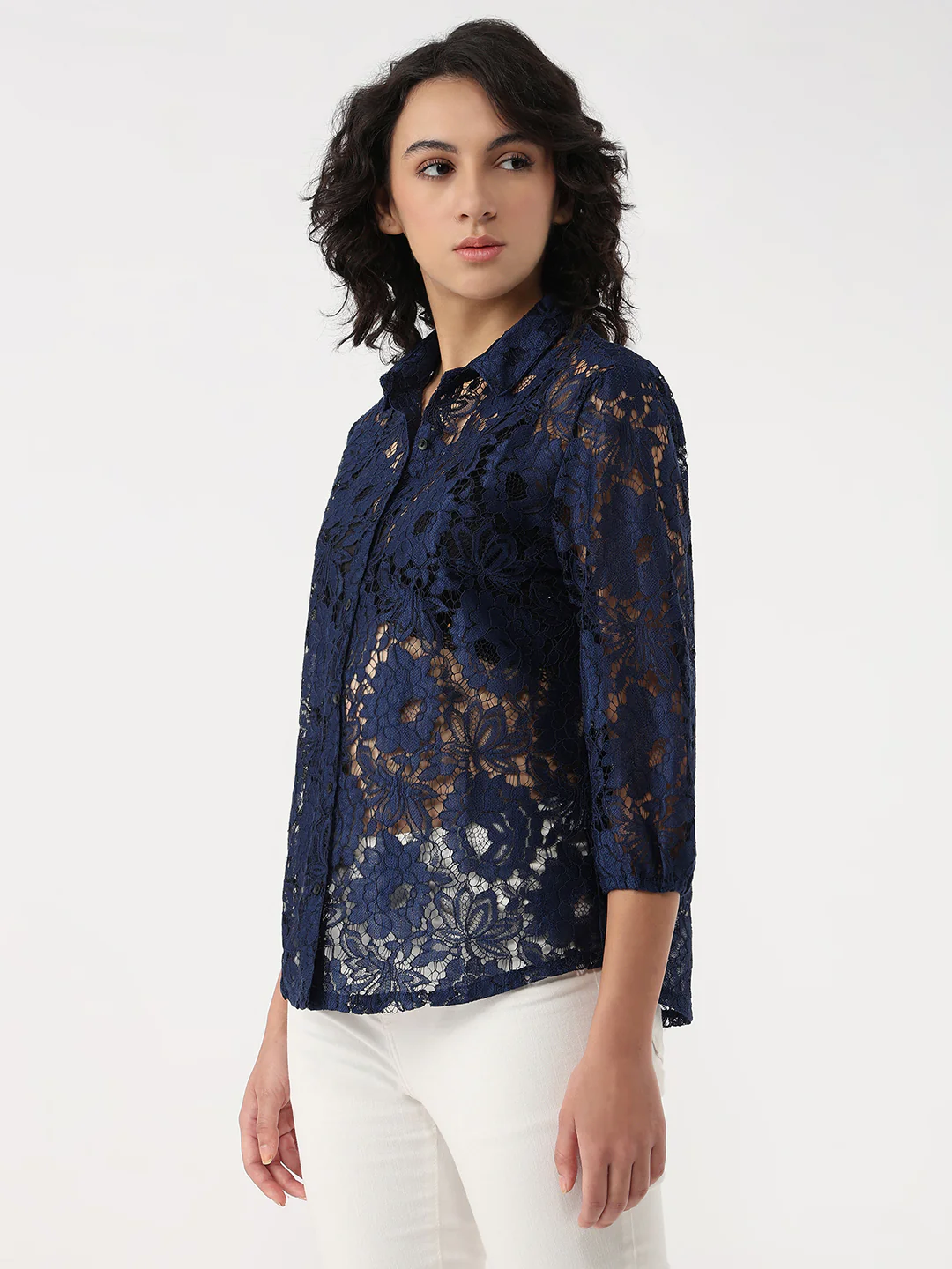 Women Navy Slim Lace Shirt - Image 4