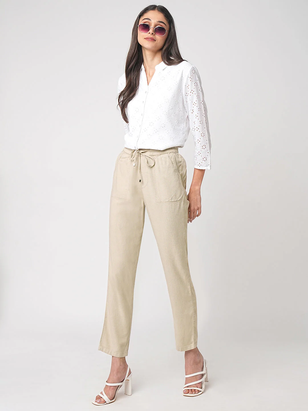 Women Oatmilk High-Rise Paper Bag Pants - Image 4
