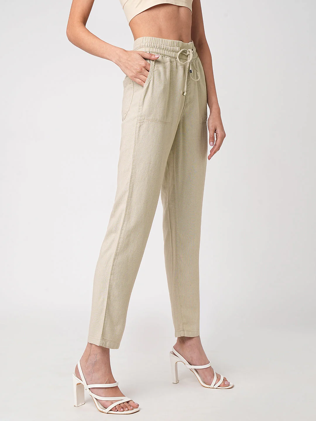 Women Oatmilk High-Rise Paper Bag Pants - Image 5