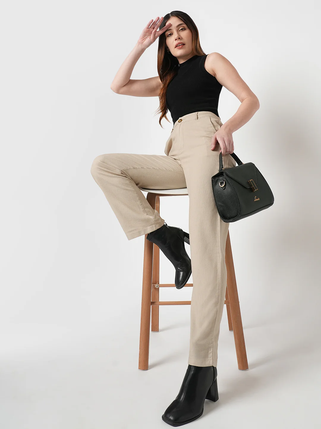 Women Oatmilk High-Rise Straight Fit Korean Pants