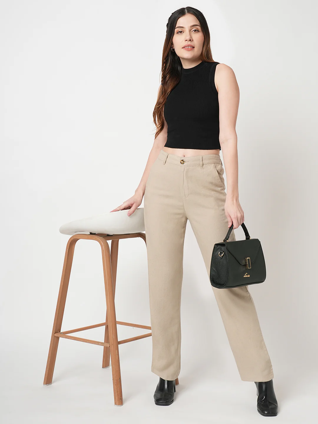 Women Oatmilk High-Rise Straight Fit Korean Pants - Image 4