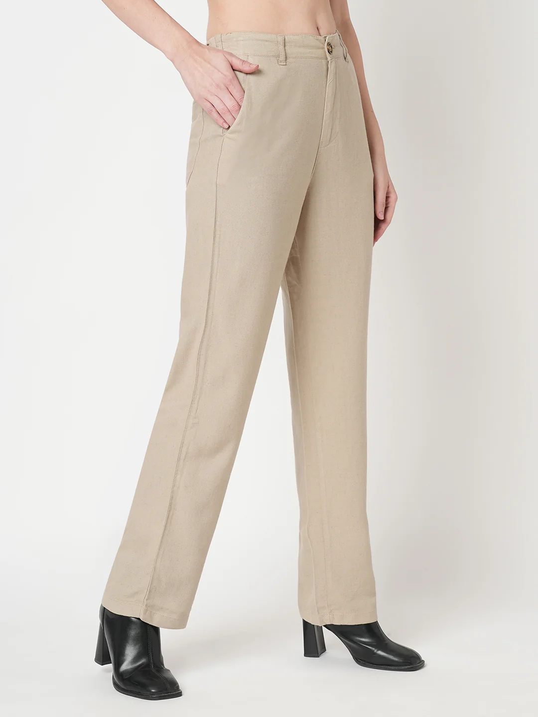 Women Oatmilk High-Rise Straight Fit Korean Pants - Image 5