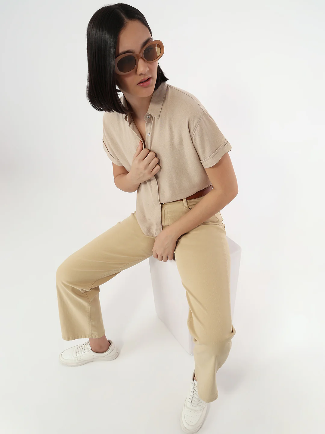Women Oatmilk Slim Fit Crop Shirt