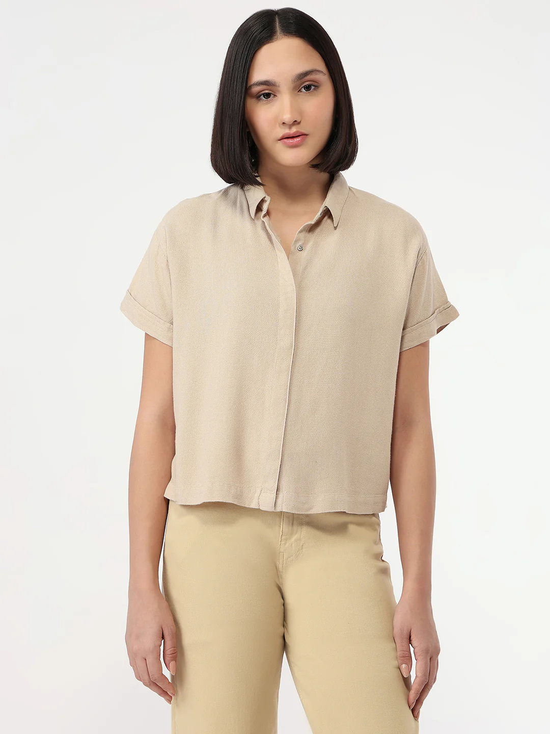 Women Oatmilk Slim Fit Crop Shirt - Image 2