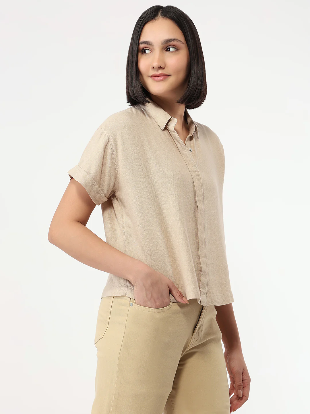 Women Oatmilk Slim Fit Crop Shirt - Image 5